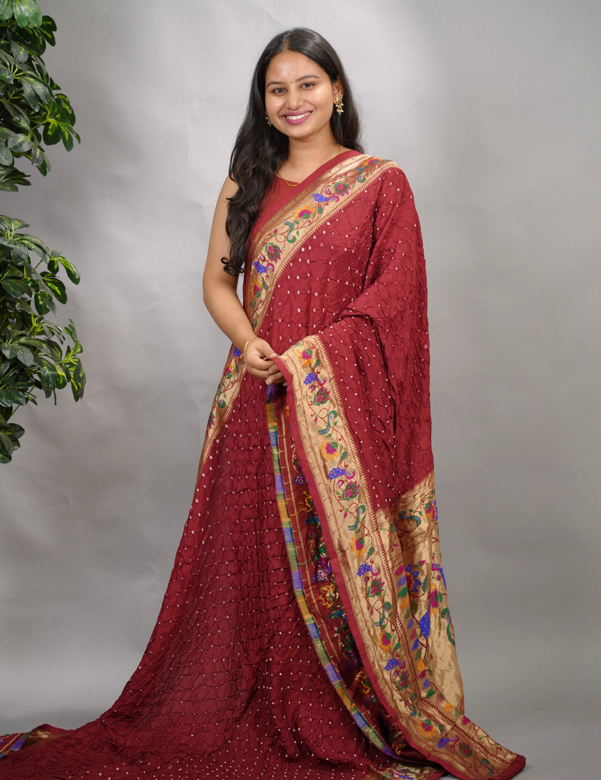 Maroon Handcrafted Bandhani Paithani Dola Silk Saree | Looms & Tassels