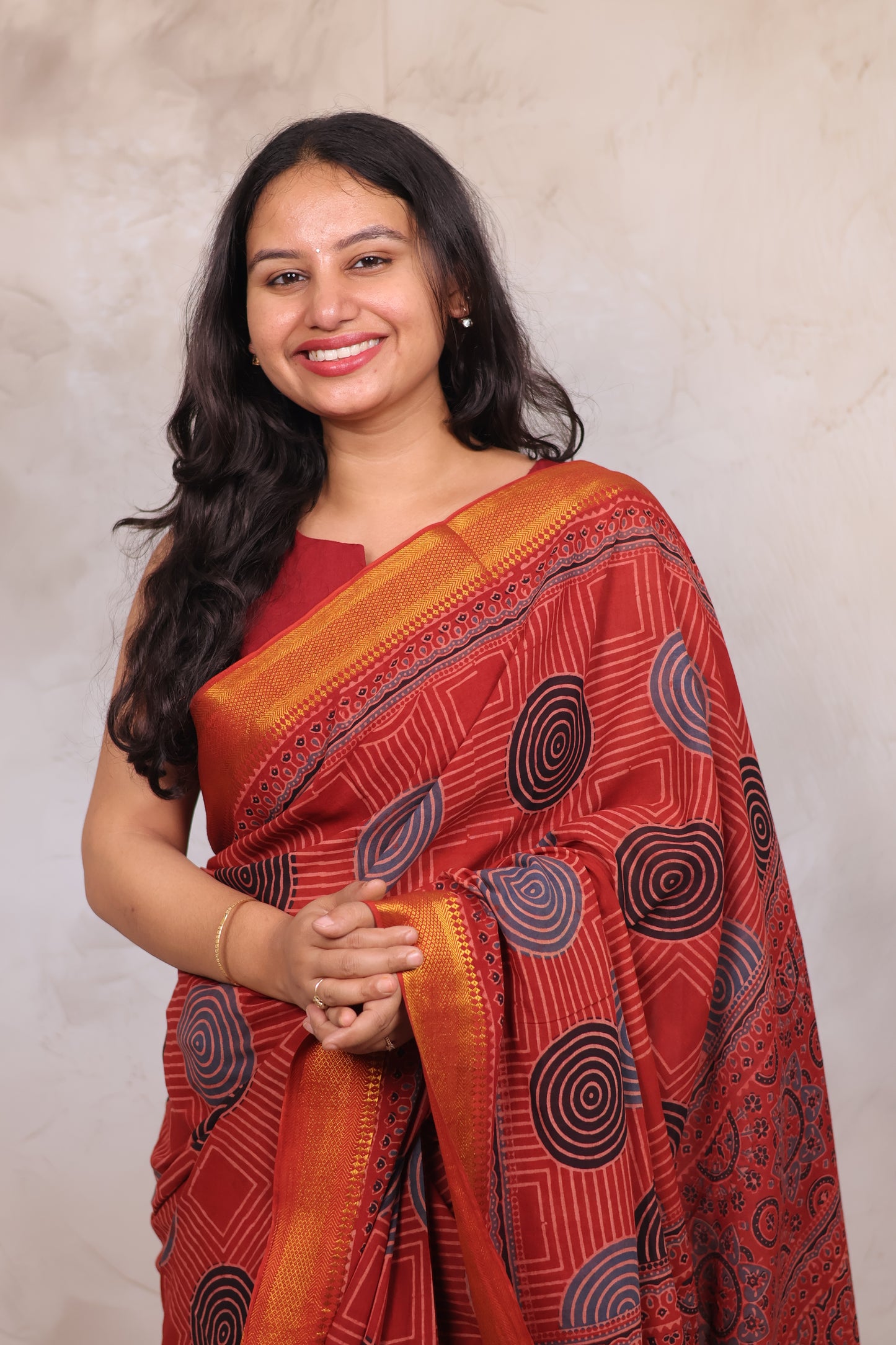 Red Ajrakh Hand Block Printed Mangalagiri Cotton Saree | Looms & Tassels