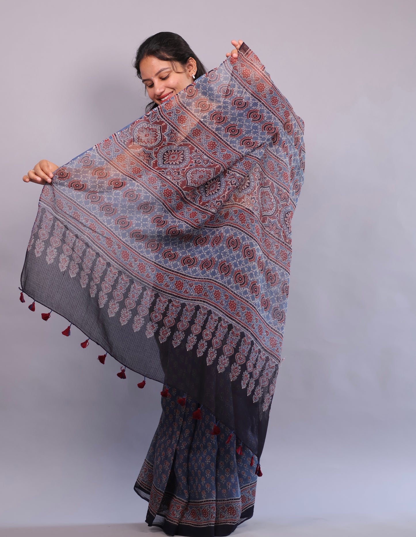 Indigo Ajrakh Hand Block Printed Kota Doria Saree | Looms & Tassels