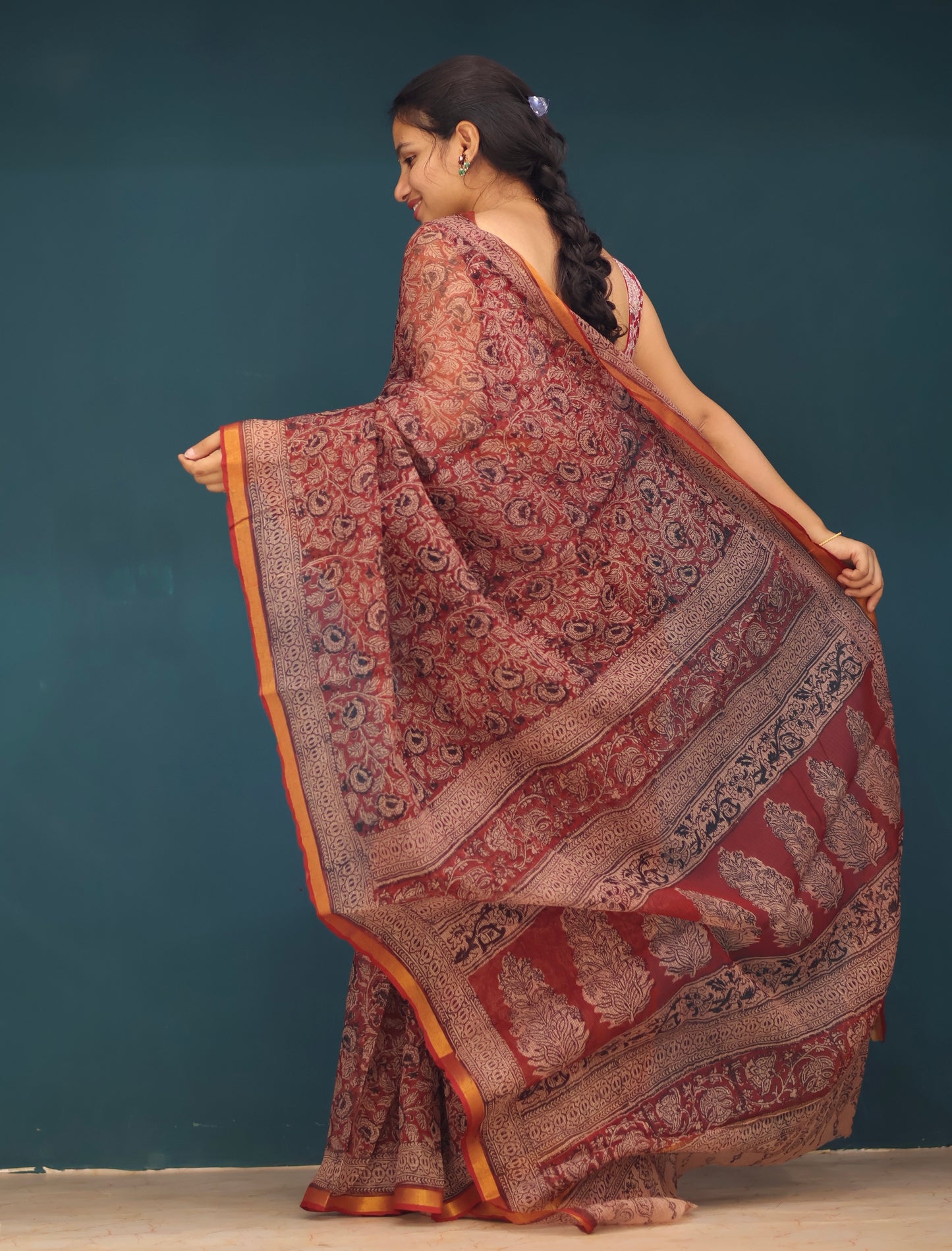 Red Kalamkari Hand block printed Kota Doria Saree