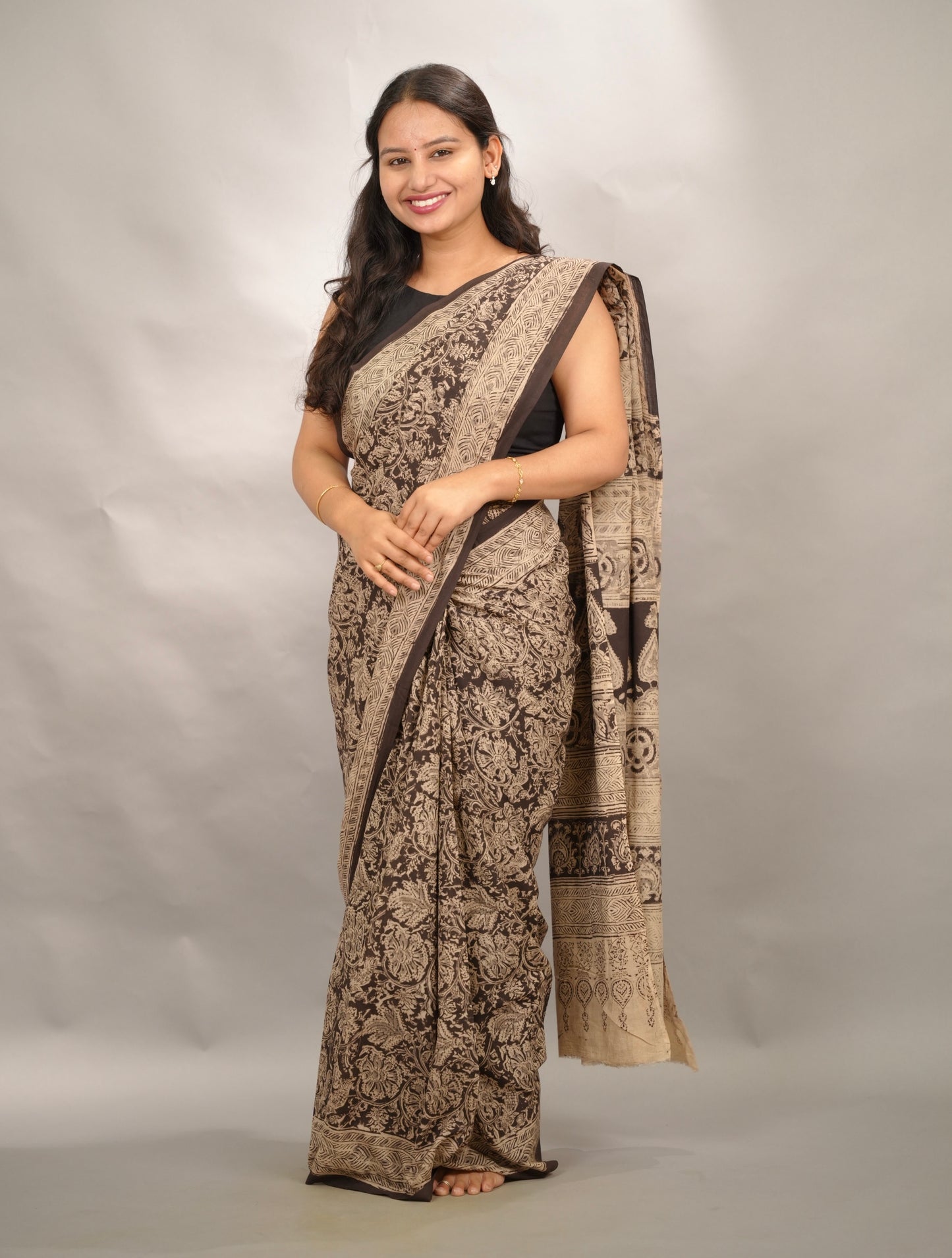 Black Hand Block Printed Kalamkari Cotton Saree | Looms & Tassels
