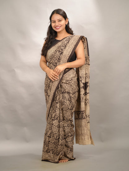 Black Hand Block Printed Kalamkari Cotton Saree | Looms & Tassels