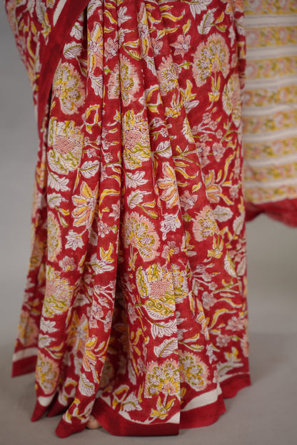 Maroon Georgette Hand Block Printed Saree| Looms & Tassels
