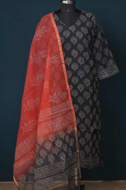 Grey Handblock printed kota 3 piece suit (stitched)
