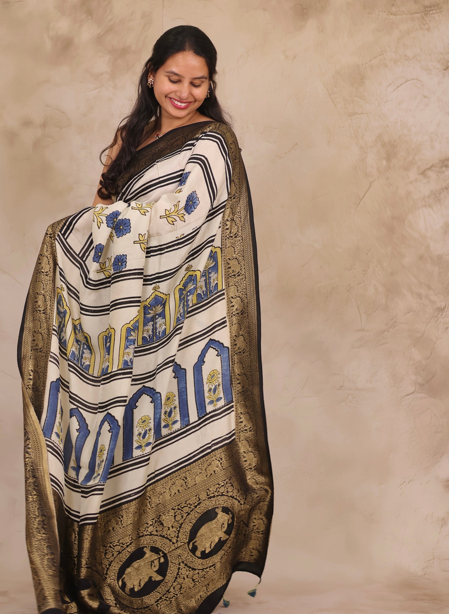 Off White Floral Ajrakh Handblock printed Dola Silk Saree | Looms & Tassels