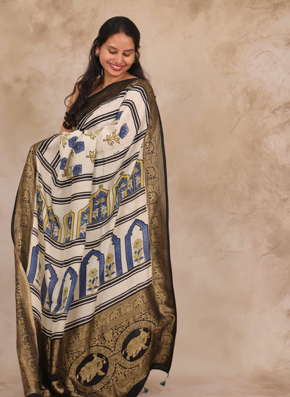 Off White Floral Ajrakh Handblock printed Dola Silk Saree | Looms & Tassels