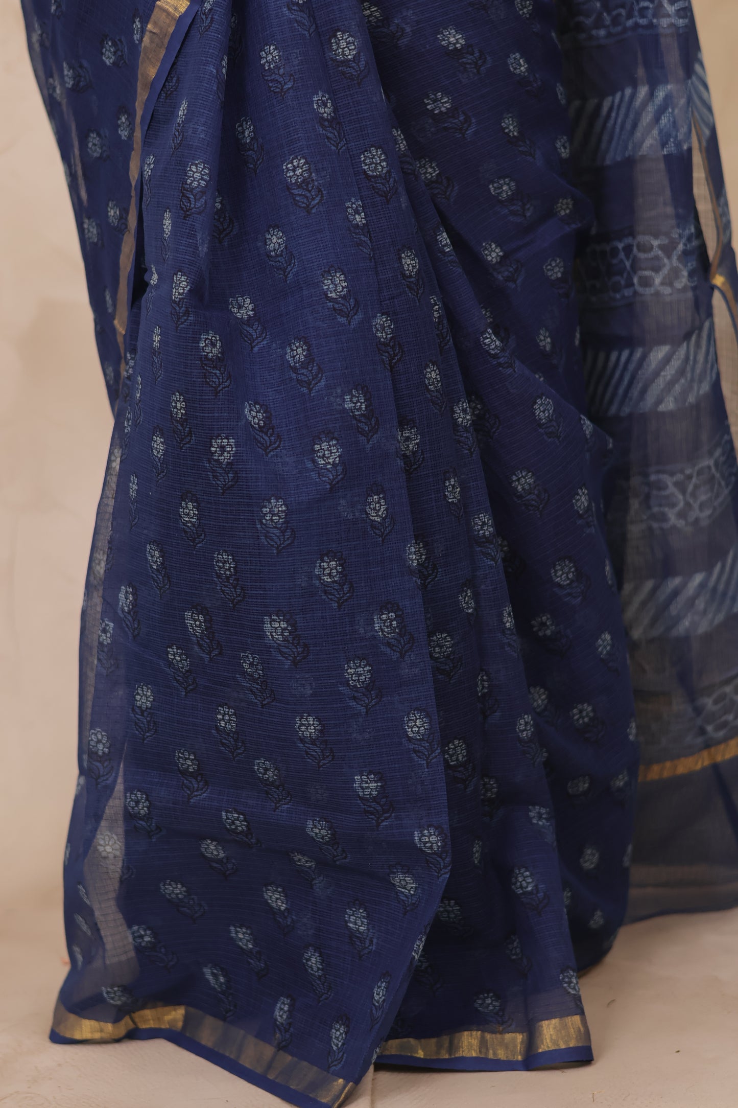 Dark Blue Pure Kota Doria Saree with Bagru Handblock Prints | Looms & Tassels