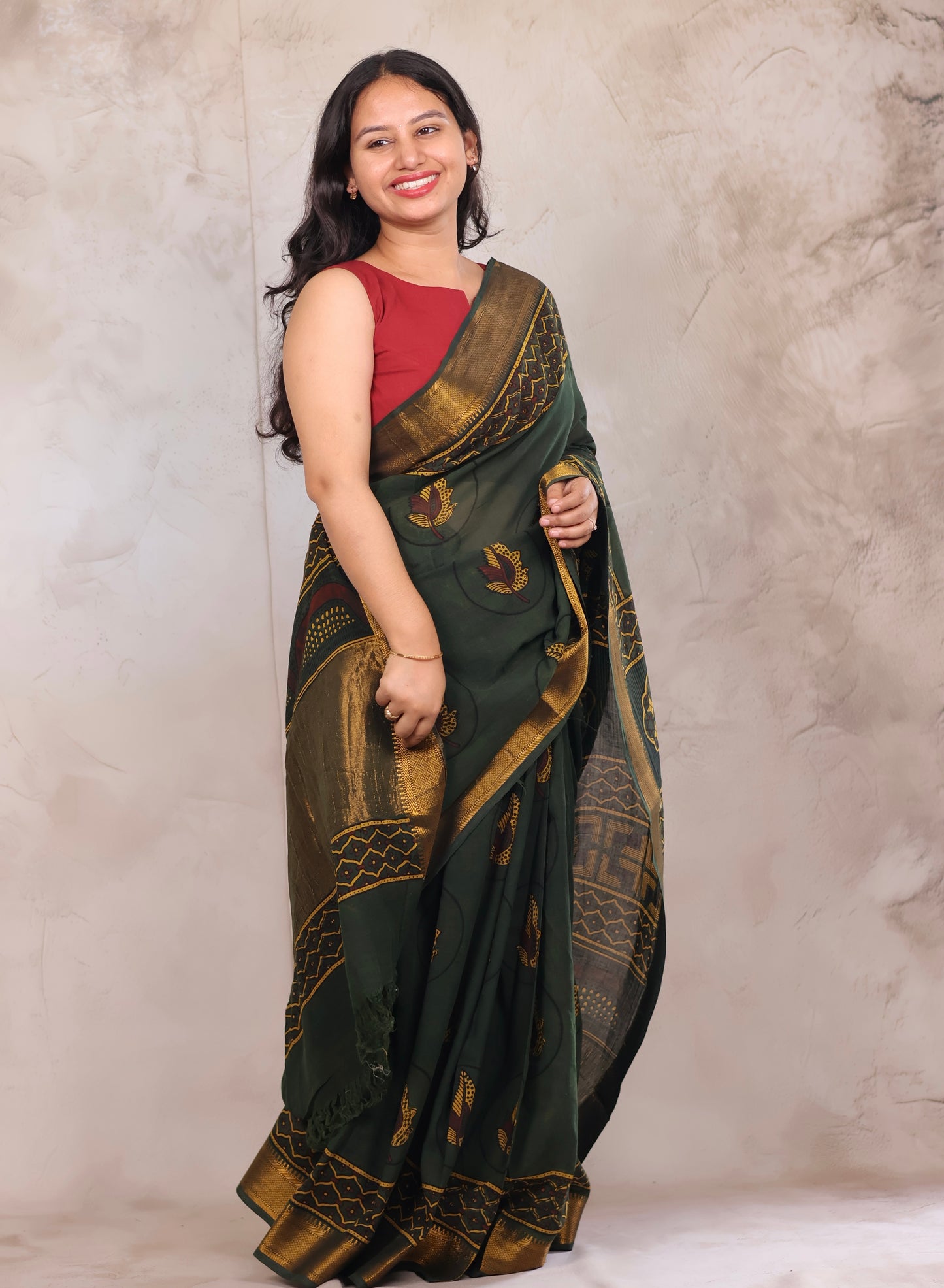 Green Ajrakh Hand Block Printed Mangalagiri Cotton Saree | Looms & Tassels