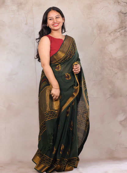 Green Ajrakh Hand Block Printed Mangalagiri Cotton Saree | Looms & Tassels