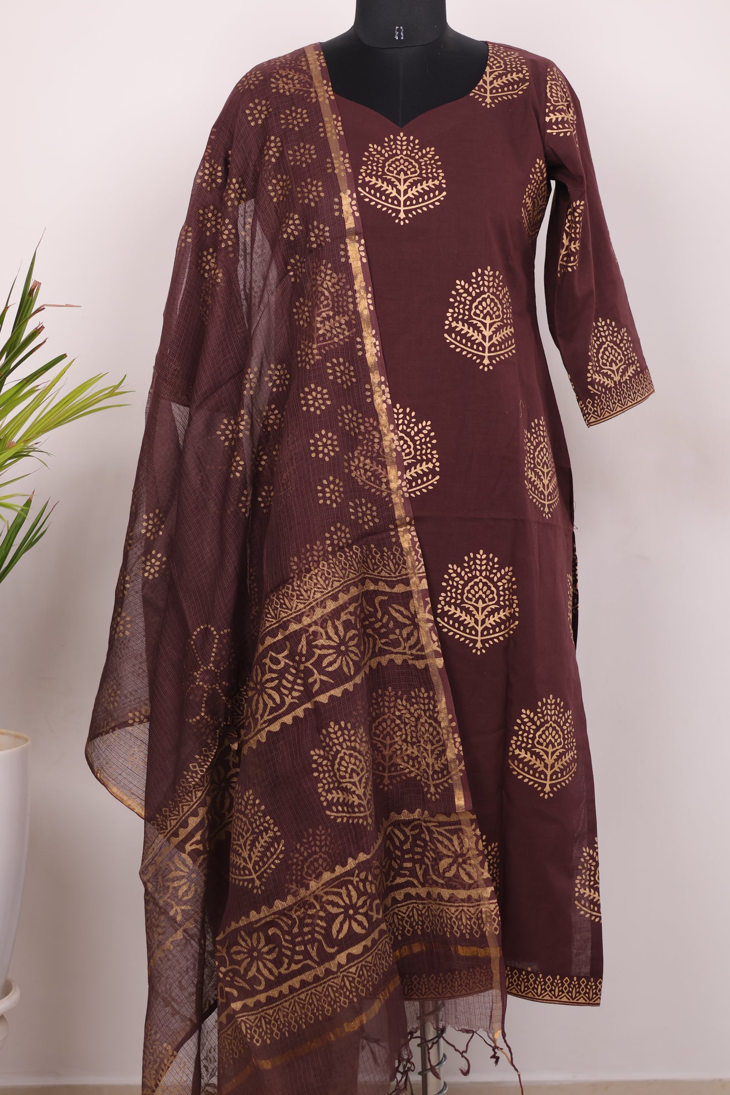 Brown Handblock printed Pure Mul Cotton with Kota Duppata 3 piece suit (stitched)