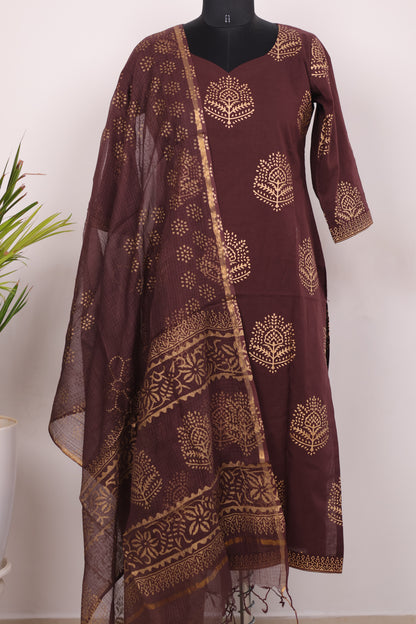 Brown Handblock printed Pure Mul Cotton with Kota Duppata 3 piece suit (stitched)