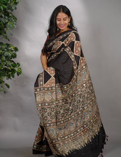 Black Ajrakh Modal Silk Hand Embroidery Saree  | Looms & Tassels