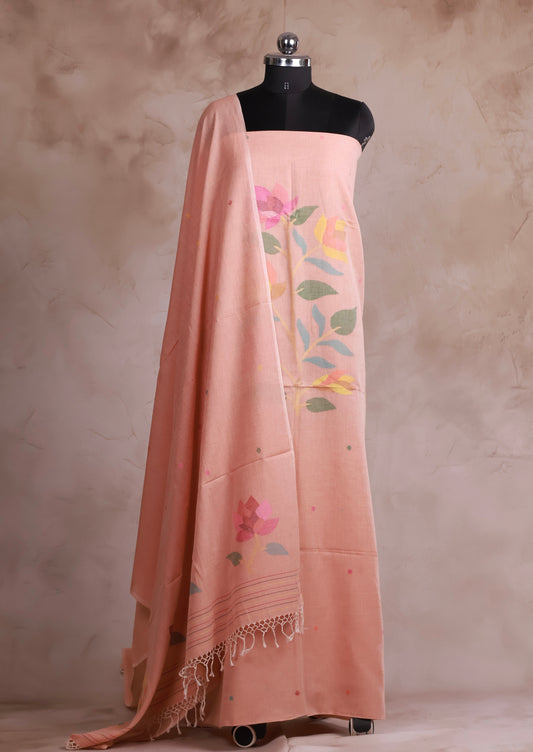 Handwoven Jamdhani weaving pure Malai cotton 2 piece suit sets | Looms & Tassels