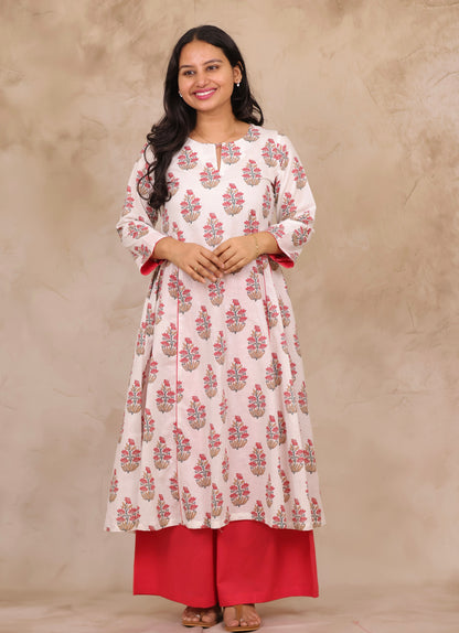 Off White Floral Mul Cotton Kurta with Red Palazzo Set | Looms & Tassels