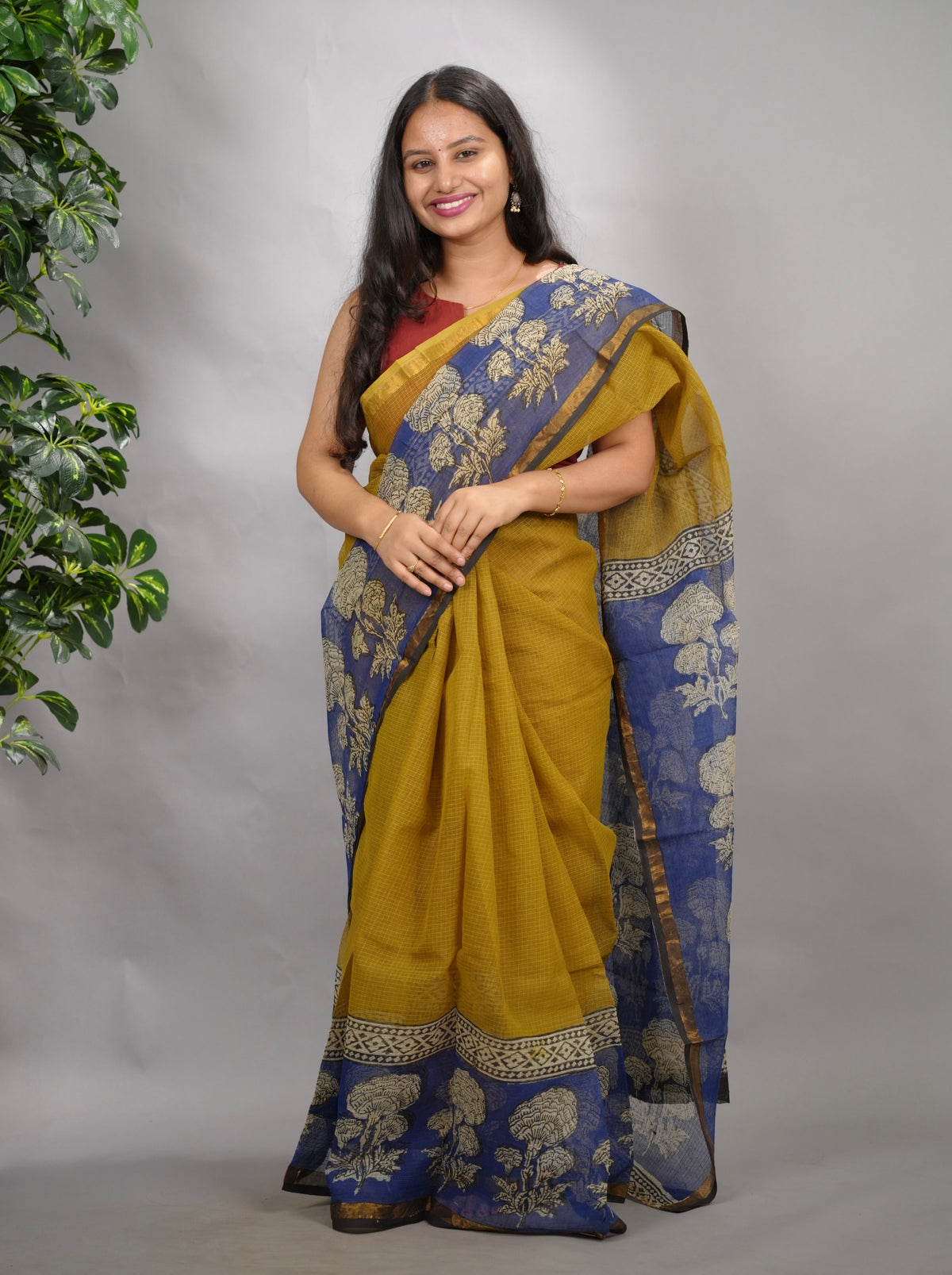 Mustard and Blue Pure Kota Doria Saree with Bagru Handblock Prints