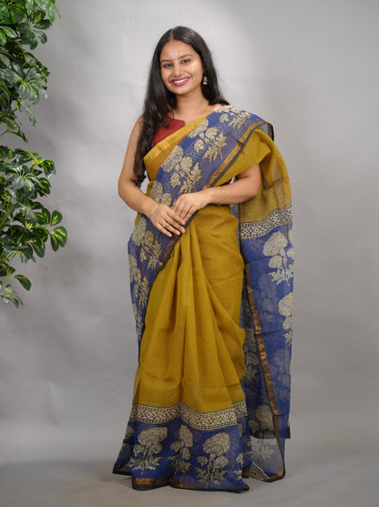 Mustard and Blue Pure Kota Doria Saree with Bagru Handblock Prints