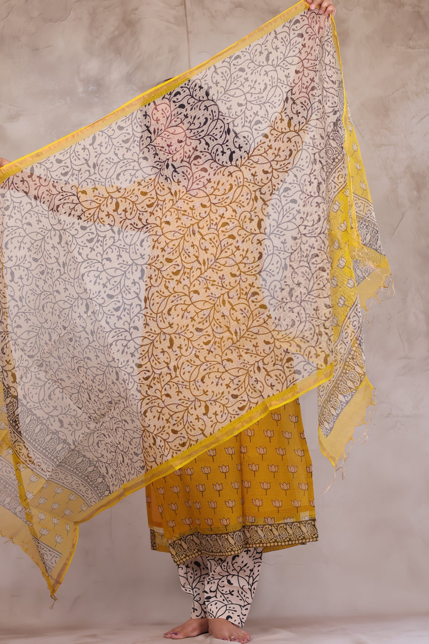 Yellow Handblock printed kota 3 piece suit (stitched)
