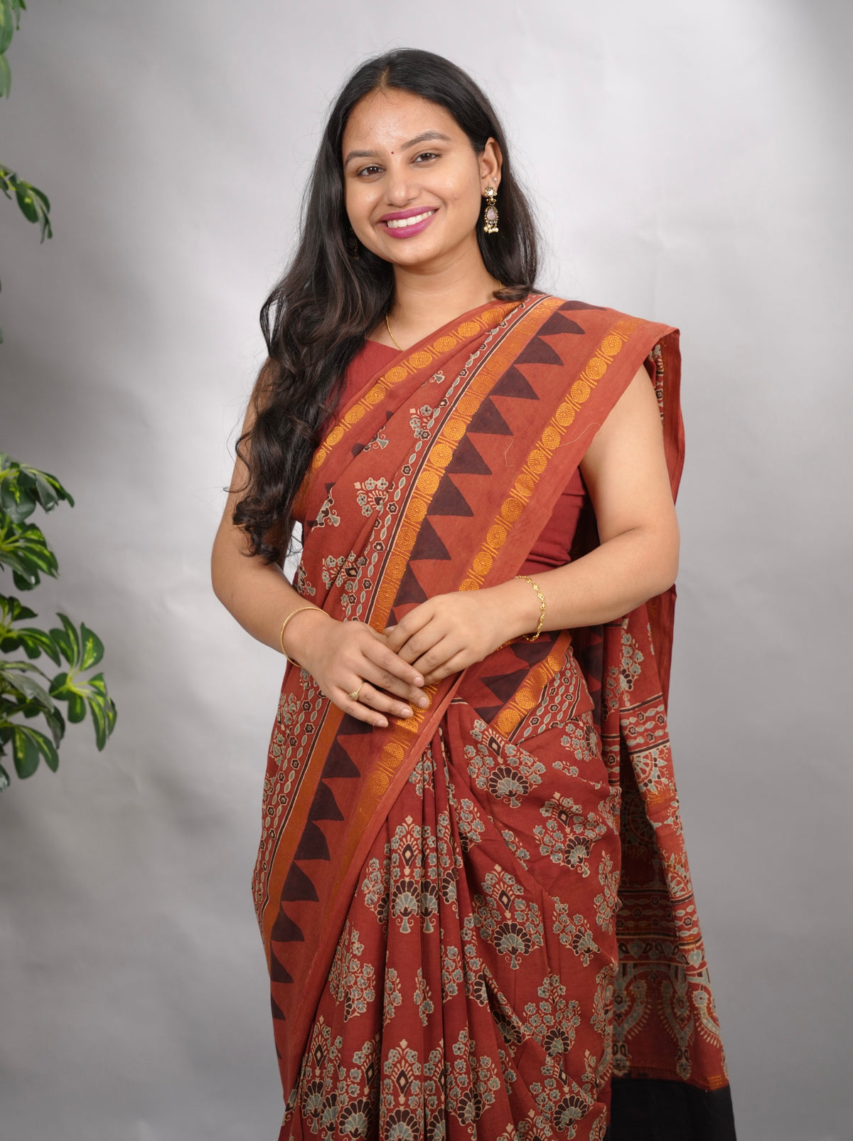 Red Ajrakh Hand Block Printed Sungudi Cotton Saree | Looms & Tassels