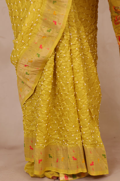 Lemon Yellow Handcrafted Bandhani Paithani Dola Silk Saree | Looms & Tassels