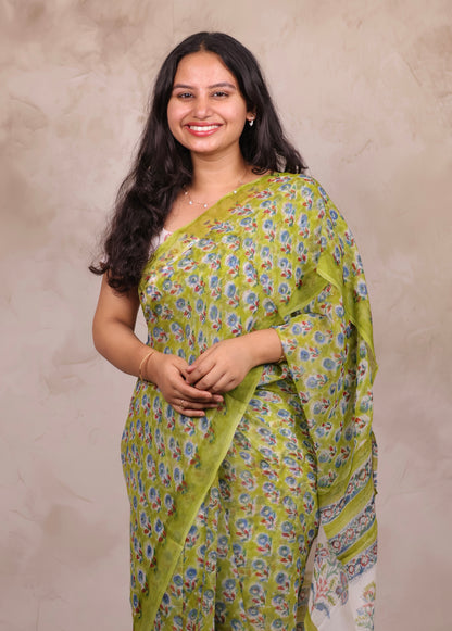 Green Chiffon Hand Block Printed Saree | Looms & Tassels