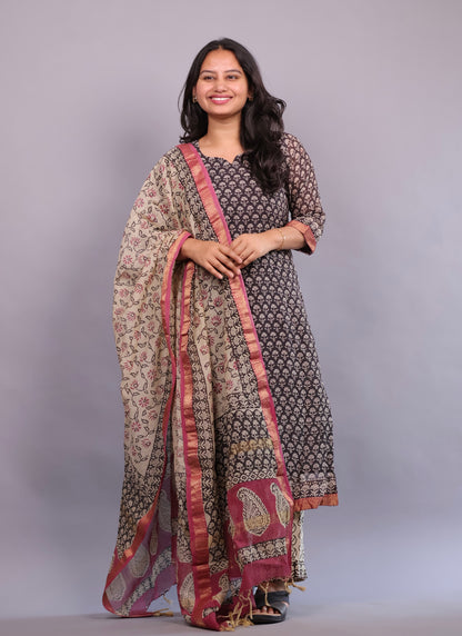 Handblock printed Pure Maheswari Silk 3 piece suit (stitched)