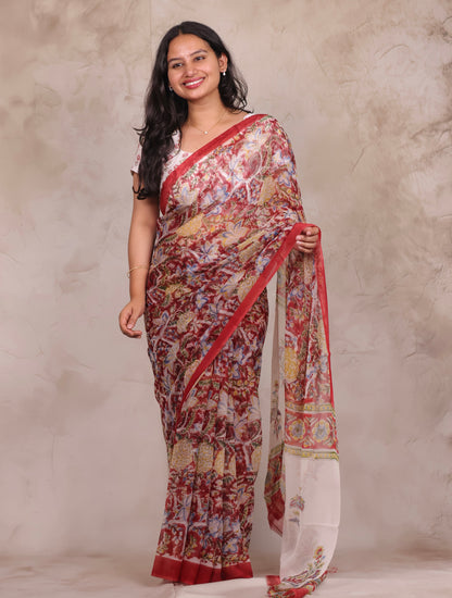 Red Chiffon Hand Block Printed Saree | Looms & Tassels