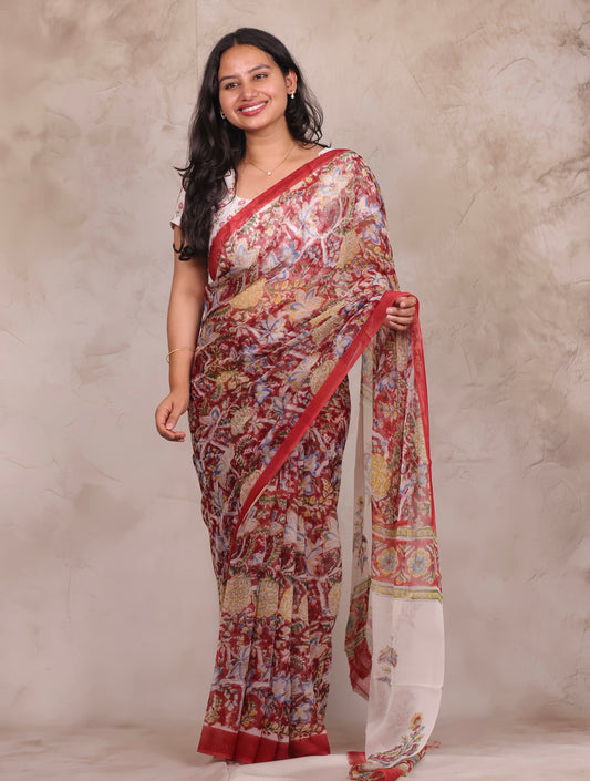 Red Chiffon Hand Block Printed Saree | Looms & Tassels