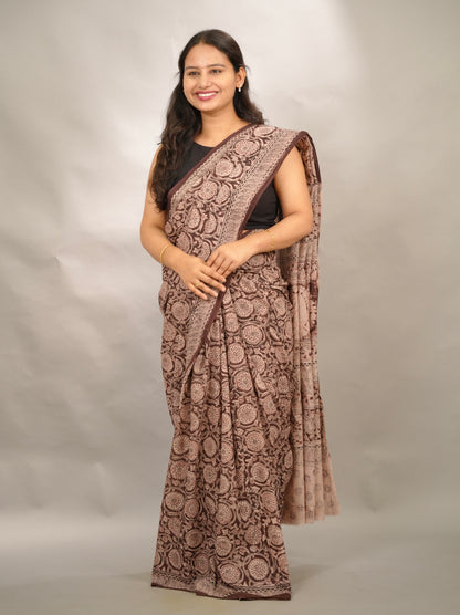 Maroon Hand Block Printed Kalamkari Cotton Saree | Looms & Tassels