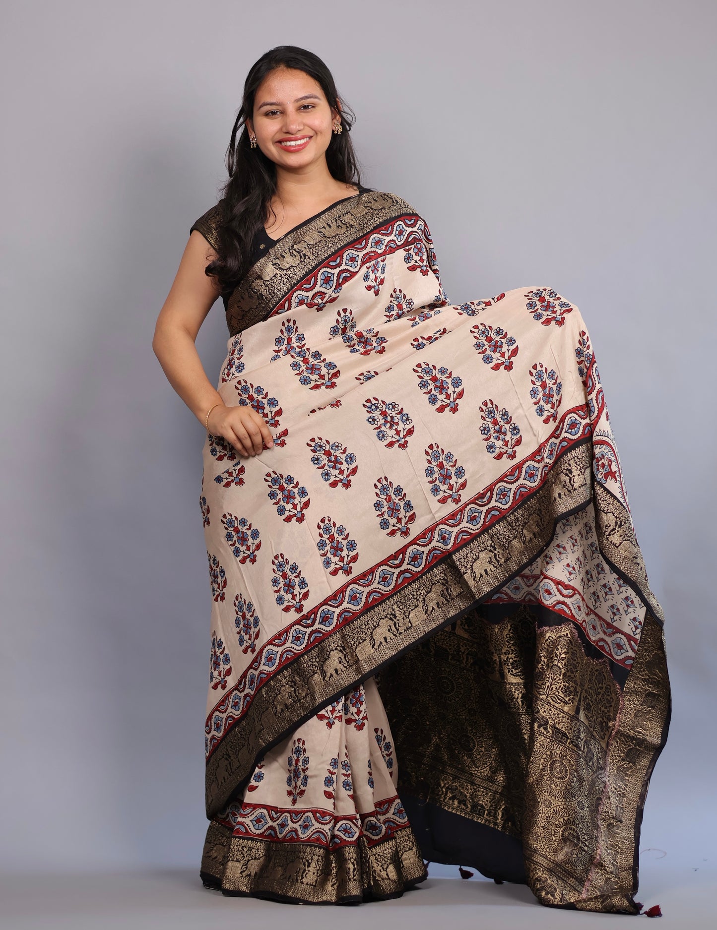 Cream Flower Butta Ajrakh Handblock printed Dola Silk Saree | Looms & Tassels