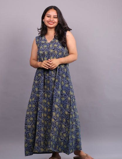 Blue Ajrakh Handblock Printed A-Line Cotton Kurti – Elegant & Comfortable Ethnic Wear | Looms & Tassels