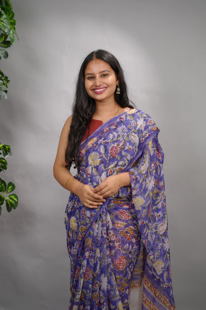 Violet Chiffon Hand Block Printed Saree | Looms & Tassels