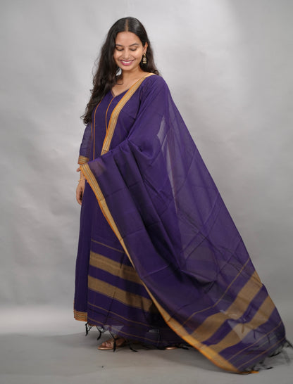 Violet Narayanpet Cotton Anarkali Dress with Narayanpet Dupatta | Looms & Tassels