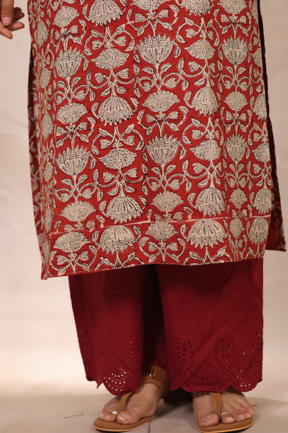 Rust Pure Bagru Mul Cotton Straight Cut Kurta | Looms & Tassels