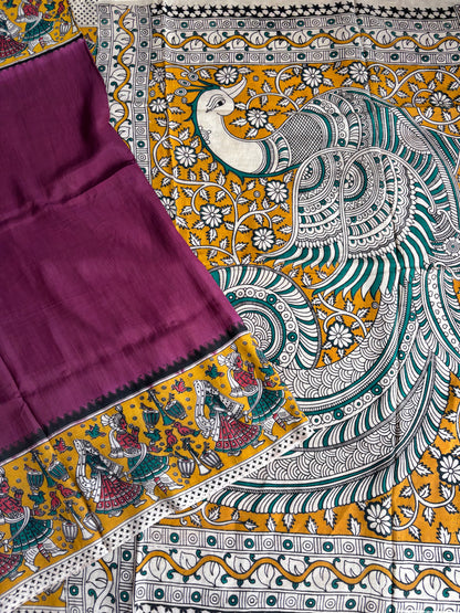 Purple and yellow Kalamkari dyeing premium chennur silk saree