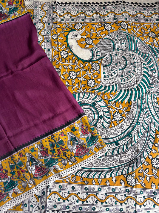 Purple and yellow Kalamkari dyeing premium chennur silk saree