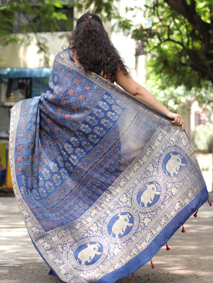 Indigo Ajrakh Dola Silk Saree