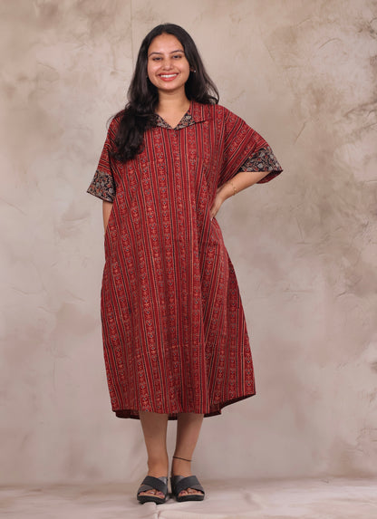 Red Ajrakh Handblock Printed Cotton Kaftan shirt dress – Elegant & Breathable Ethnic Wear | Looms & Tassels