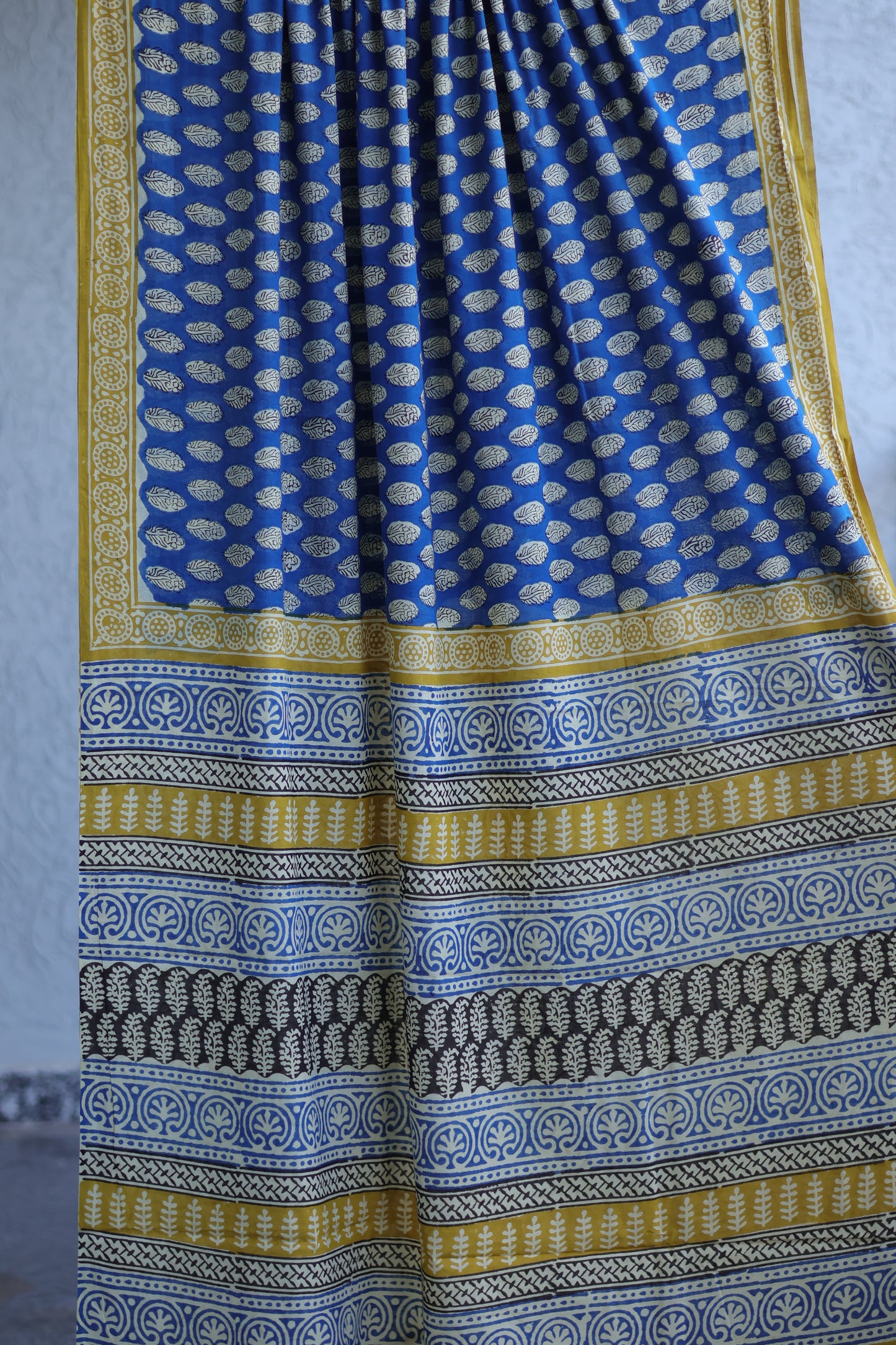 Blue Bagru Handblock printed MulMul cotton saree