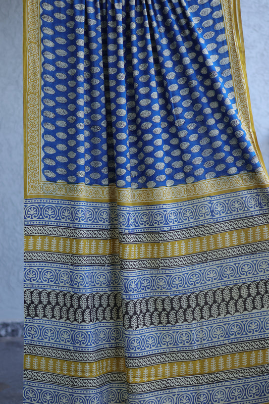 Blue Bagru Handblock printed MulMul cotton saree