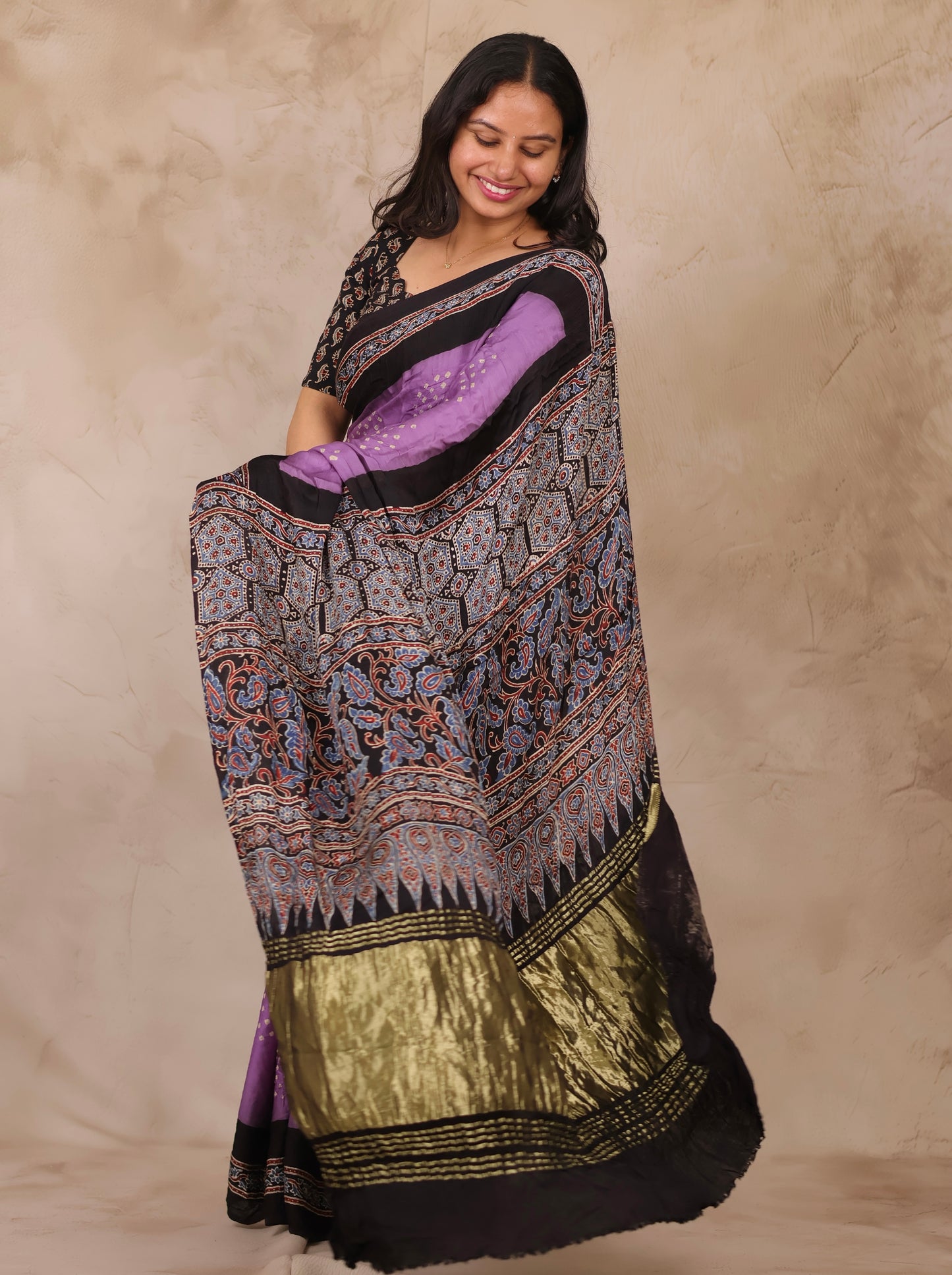 Lavender Hand Knotted Bandhej Arakh Modal Silk Saree with Lagdi Pallu | Looms & Tassels
