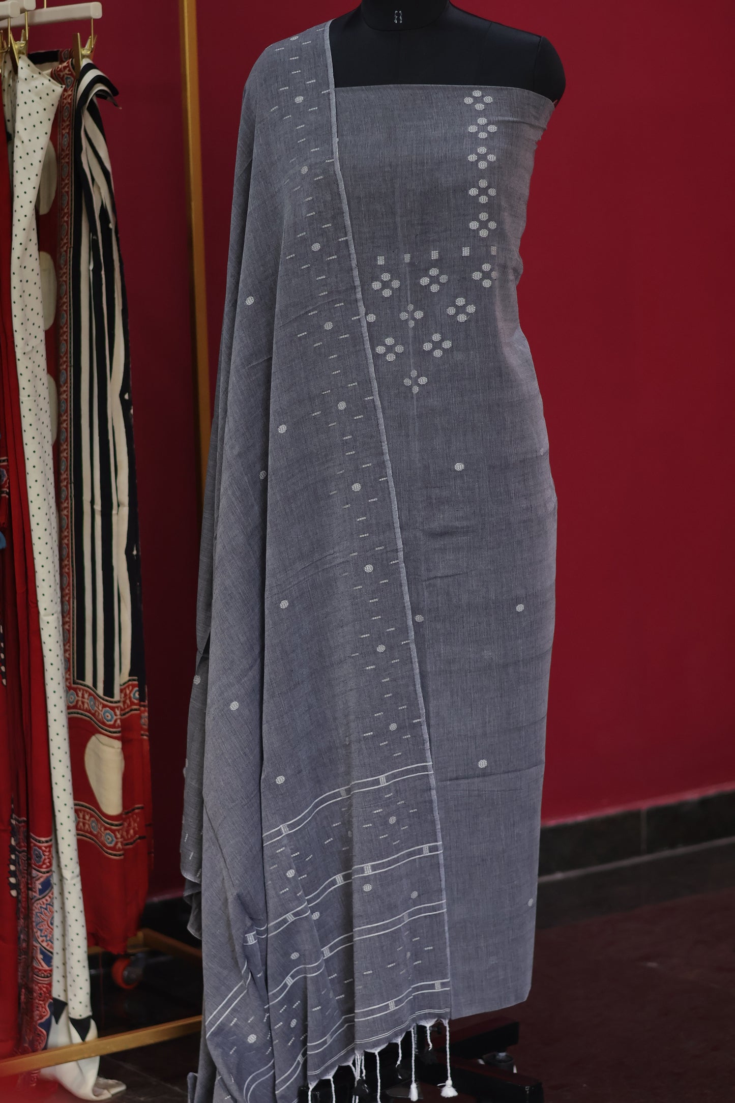 Grey Handwoven weaving butta pure Malai cotton 2 piece suit sets