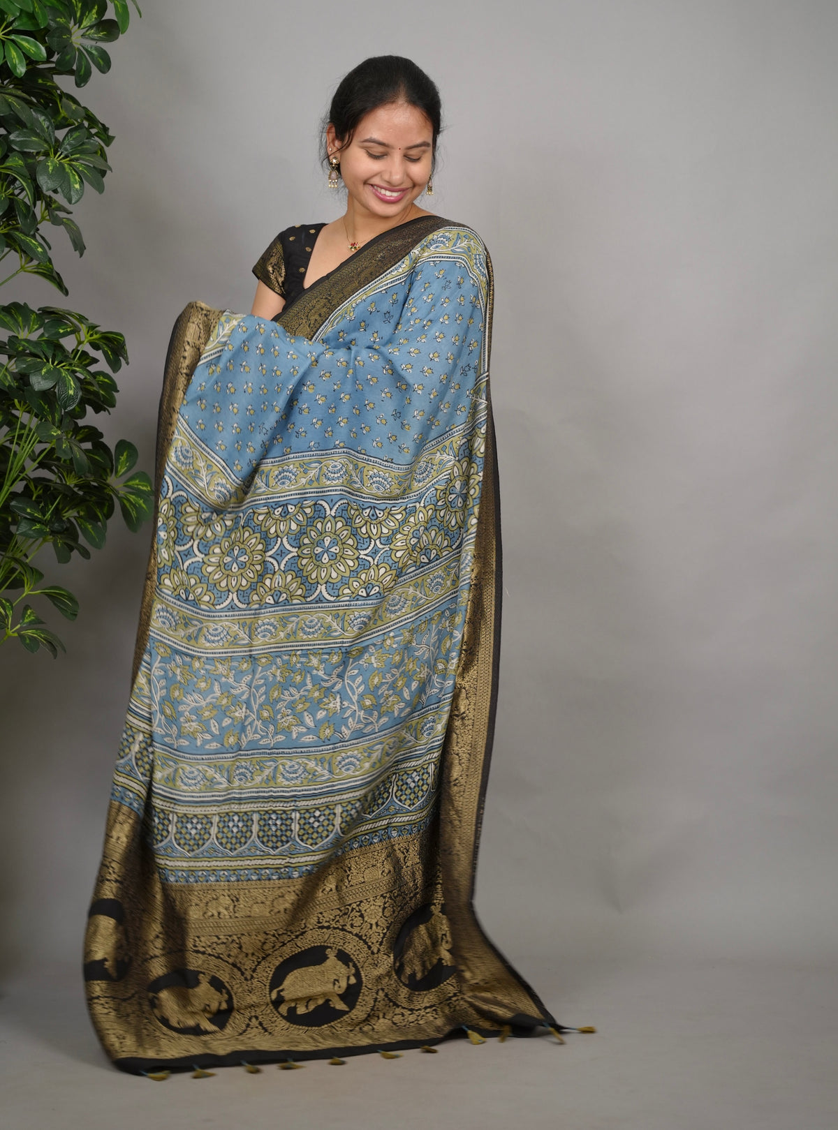 Ajrakh Dola Silk Saree - Blue | Looms & Tassels