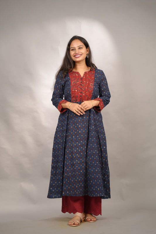 Indigo Patch Work Ajrakh Handblock Printed Kali Kurti (Pure Mul Cotton ) | Looms & Tassels
