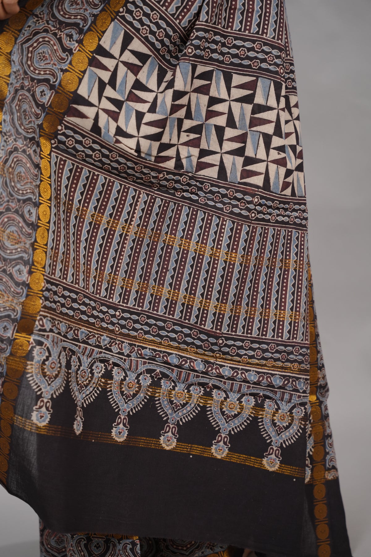 Black Ajrakh Hand Block Printed Sungudi Cotton Saree | Looms & Tassels