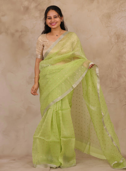 Pastel Lime Green Handwoven Muslin Silk Saree With Sequence Work | Looms & Tassels