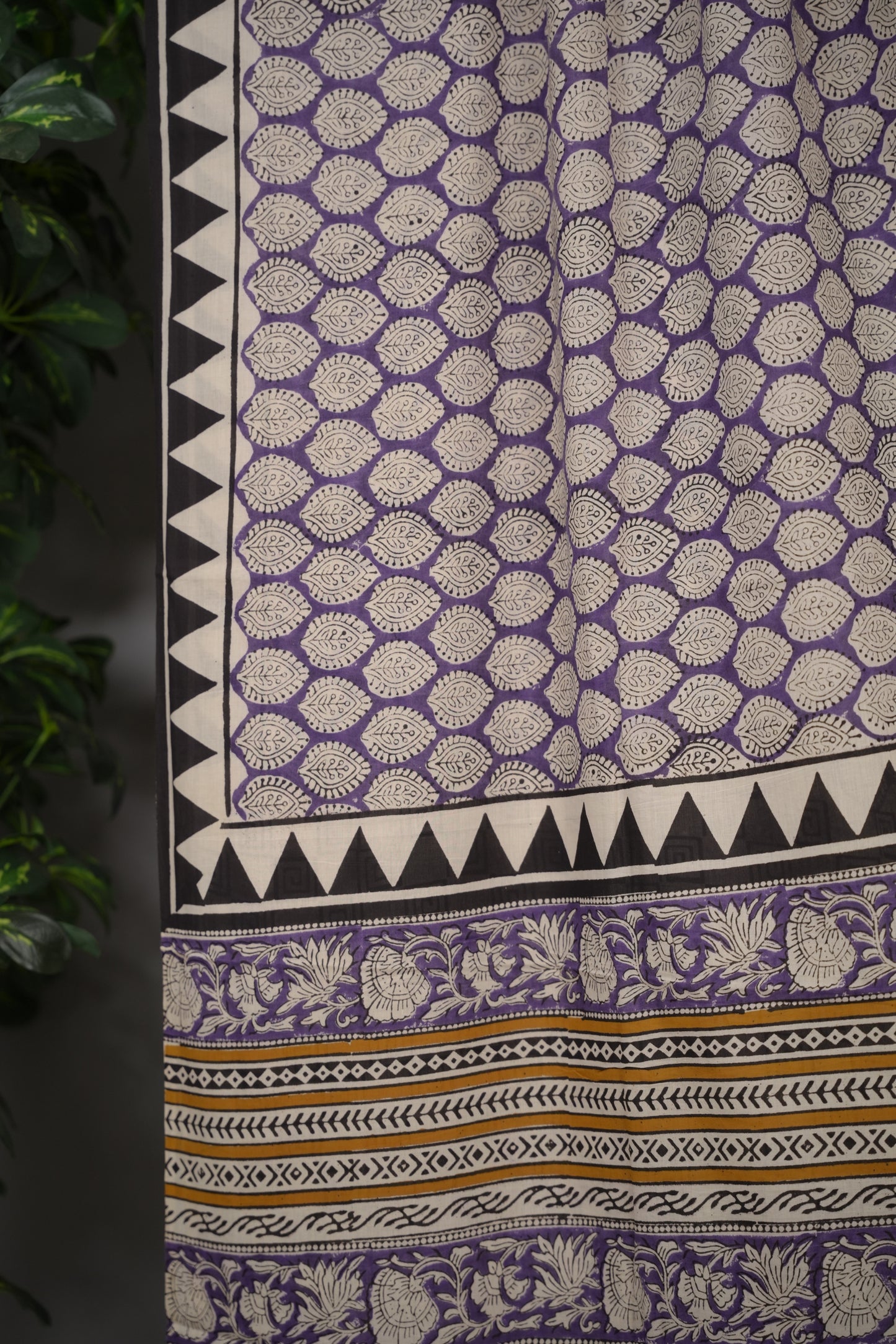 Lavender Bagru Handblock printed MulMul cotton saree | Looms & Tassels
