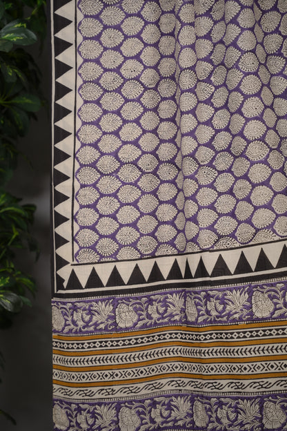 Lavender Bagru Handblock printed MulMul cotton saree | Looms & Tassels