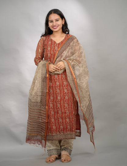 MaroonHandblock printed kota 3 piece suit (stitched)