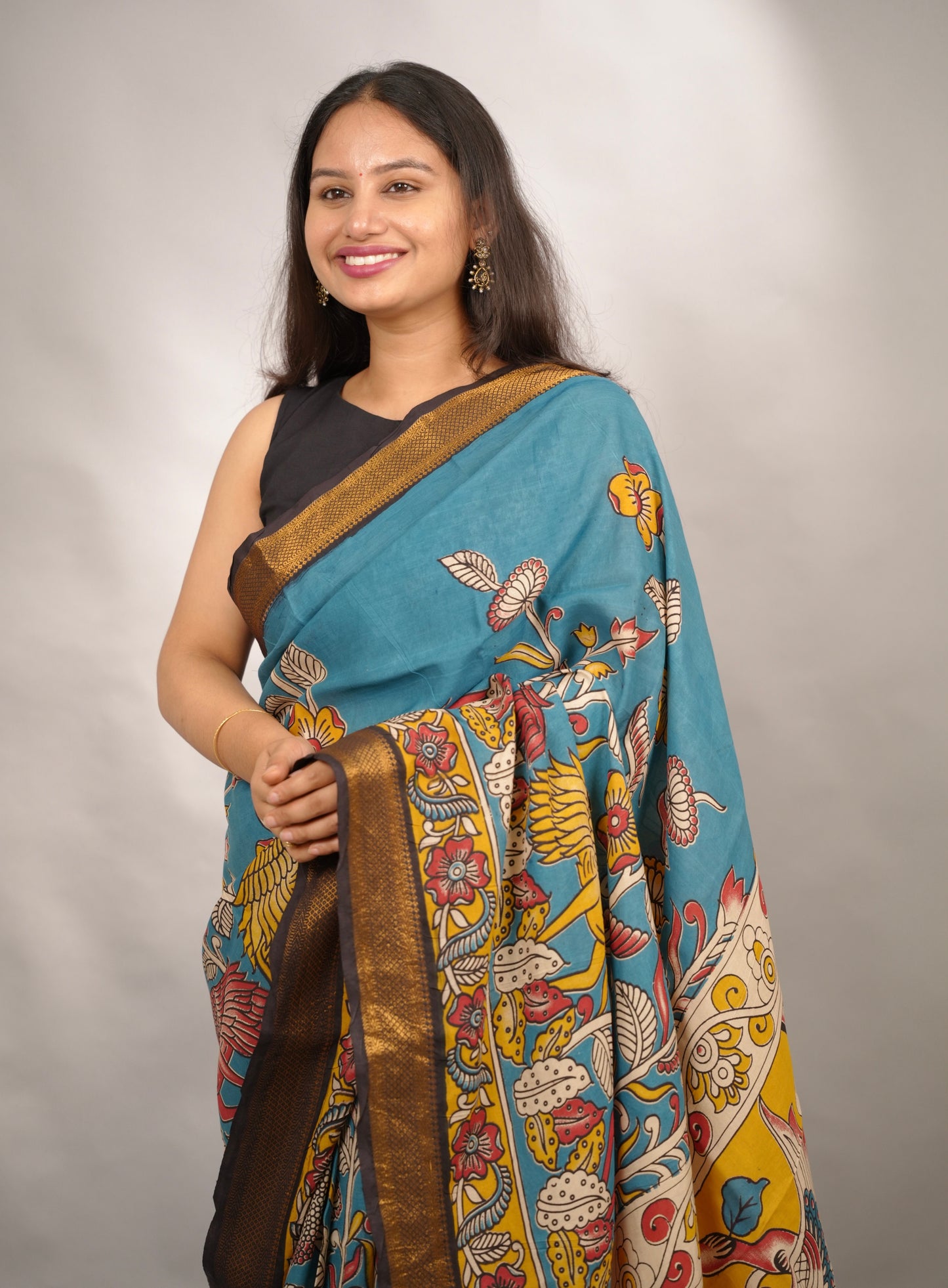 Blue Kalamkari Nizam Border Chennur Silk Saree | Looms & Tassels