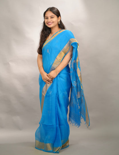 Blue Handloom Muslin Silk Saree With jamdhani weaving | Looms & Tassels